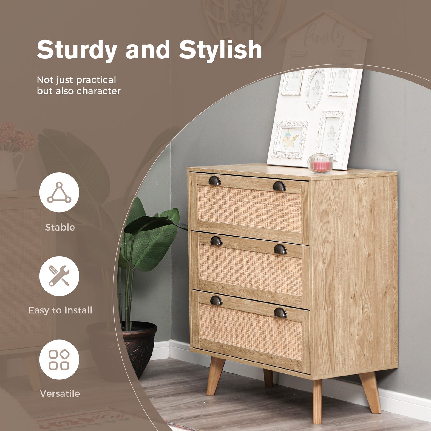 Captiva Designs Boho Rattan Nightstand Dresser Cabinet with Natural Rattan Drawer for Entryway, Living Room, Closet