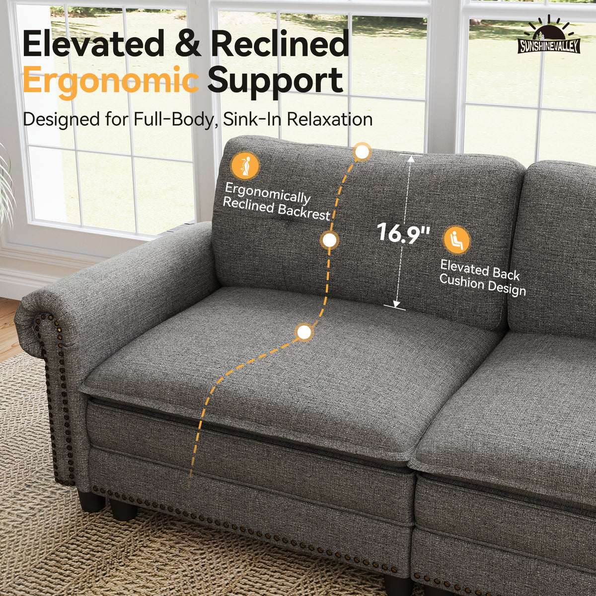 SUNSHINE VALLEY Modular Sectional Couch and Loveseat Set for Living Room, Mid-Century Modern 5-Seat Couch Set, Medium Heathered Grey, Rolled Arms & Nailhead Trim, Deeper Seats, Linen Furniture Set