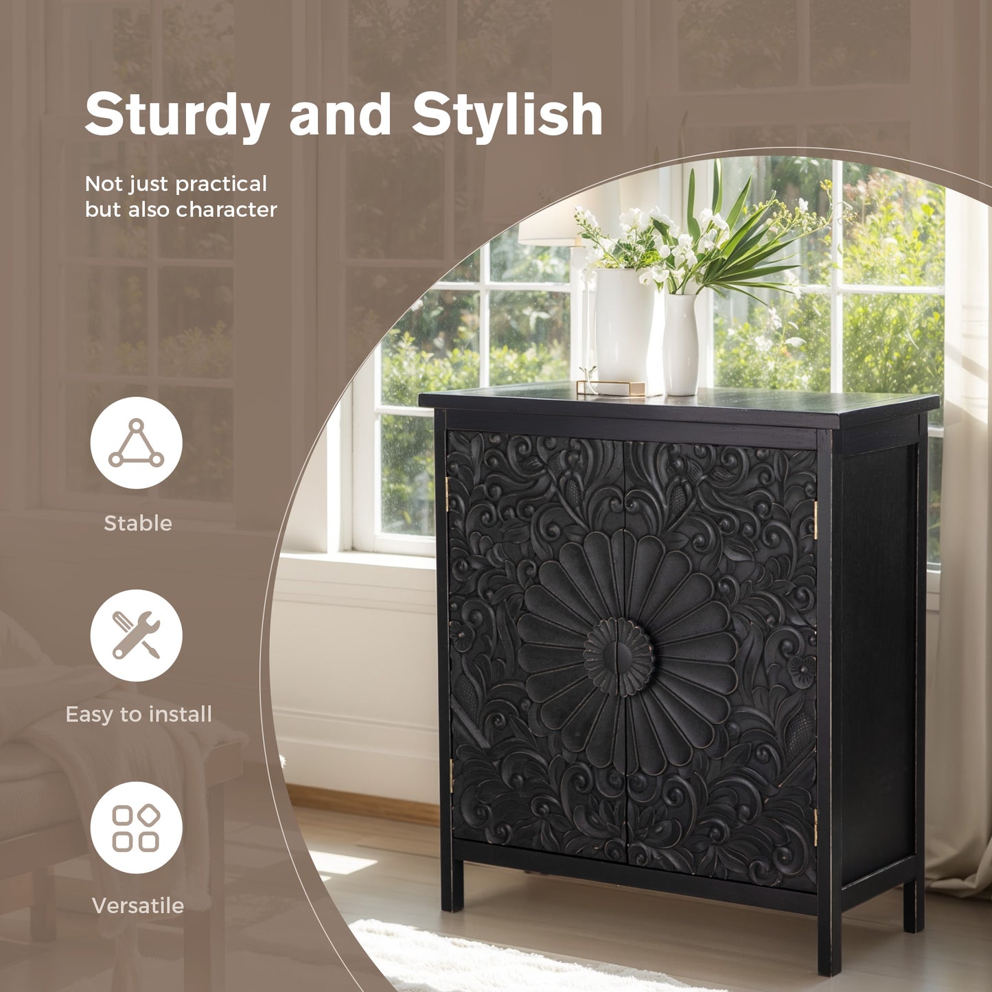 Captiva Designs Accent Farmhouse Carved Floral Buffet Cabinet with Doors for Living Room