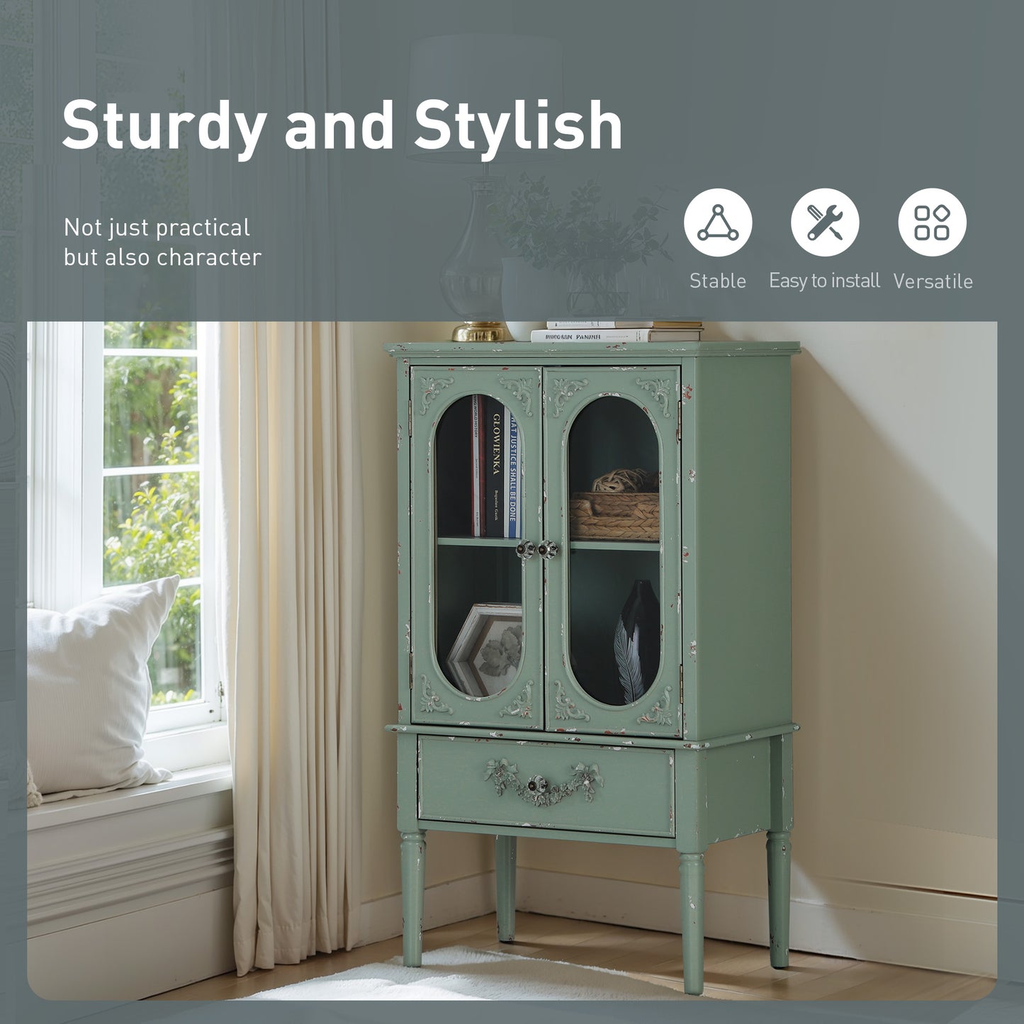 Captiva Designs Antique Mint Green Accent Sideboards Buffets Cabinet with 2 Glass Doors and 1 Drawer for Kitchen Dining Room