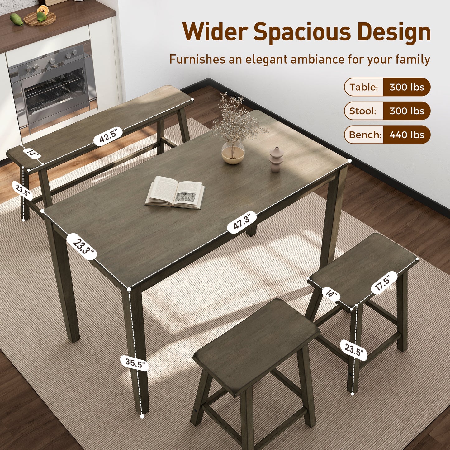 Captiva Designs 4 Piece Wood Dining Table Set with Rectangular Dining Table & Stools & Bench