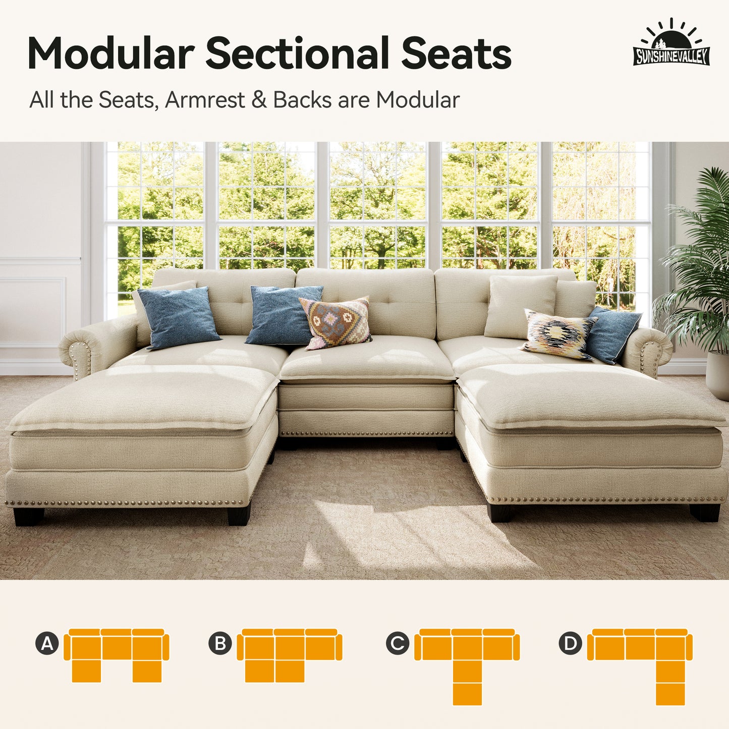 SUNSHINE VALLEY 116" Oversized Modular Sectional Couch U-Shaped Living Room Mid-Century Modern 5-Seater Cloud Sofa, White, Rolled Arms & Nailhead Trim, Wider & Deeper Seats, Ottoman, Chenille