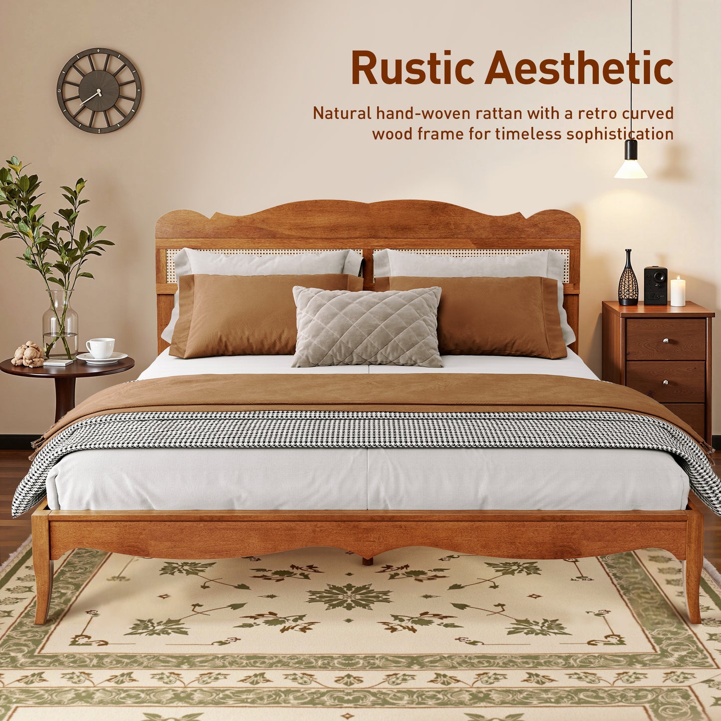 Captiva Designs Premium Wood Bed Frame with Woven Rattan Headboard and Reinforced Slats Support