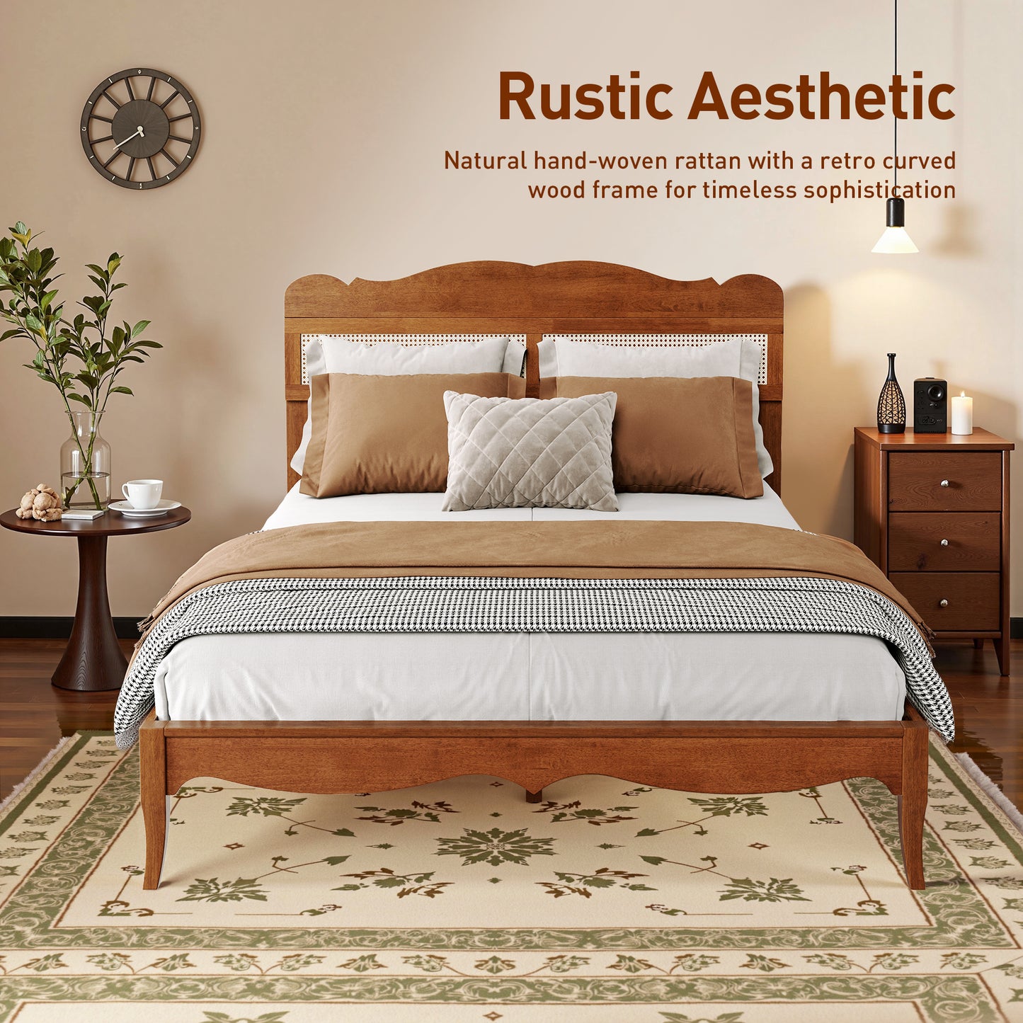 Captiva Designs Premium Wood Bed Frame with Woven Rattan Headboard and Reinforced Slats Support