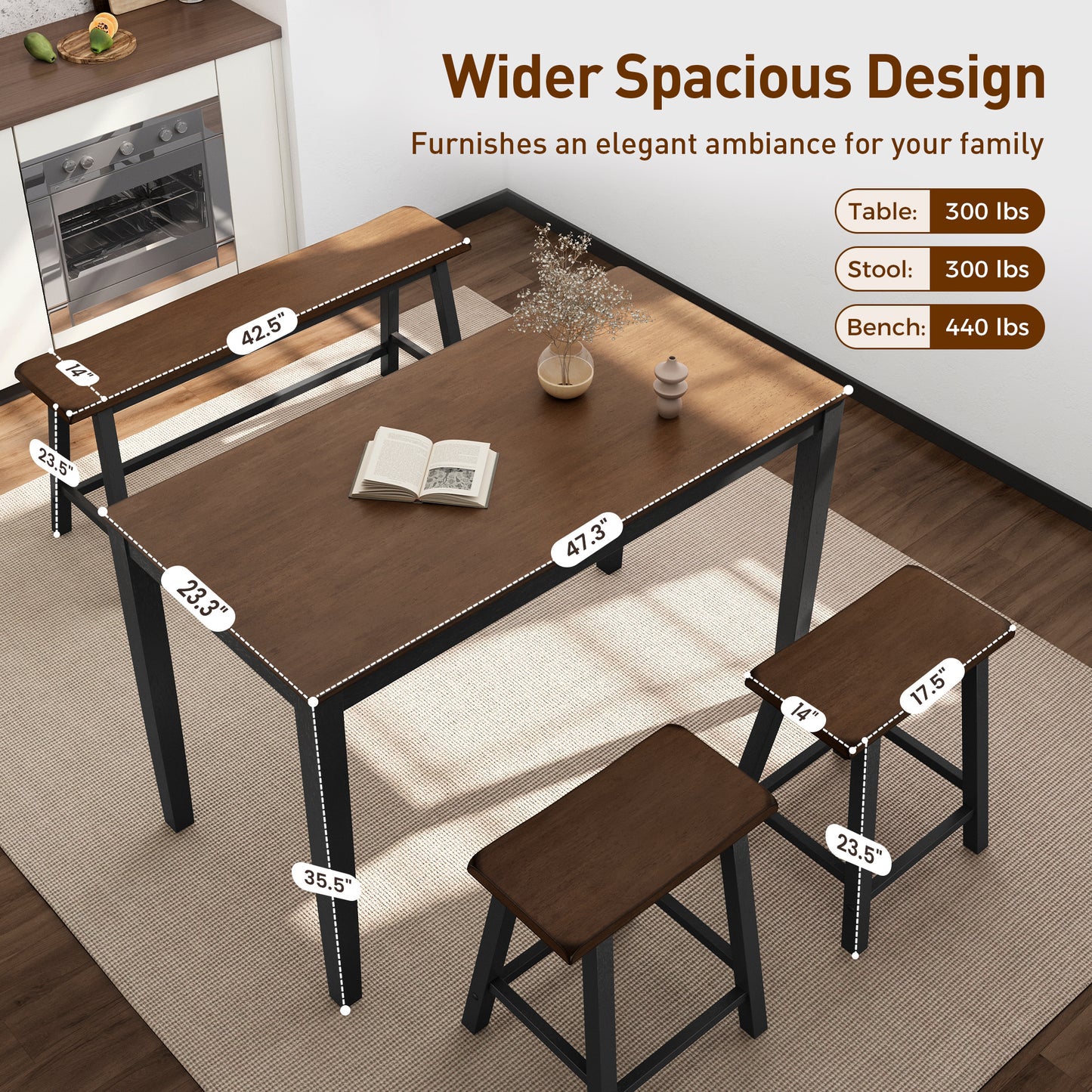 Captiva Designs 4 Piece Wood Dining Table Set with Rectangular Dining Table & Stools & Bench
