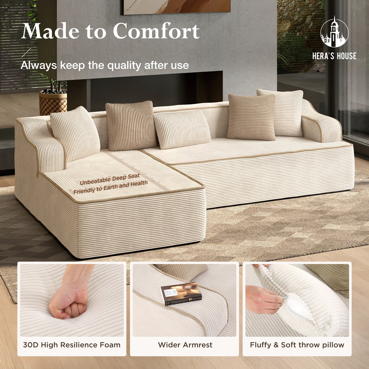 HERA'S HOUSE 105" L Shaped Sectional with Chaise, Living Room Cloud Couch, Corduroy Modular Sofa with Wide Armrest and 5 Pillows, No Assembly, Beige