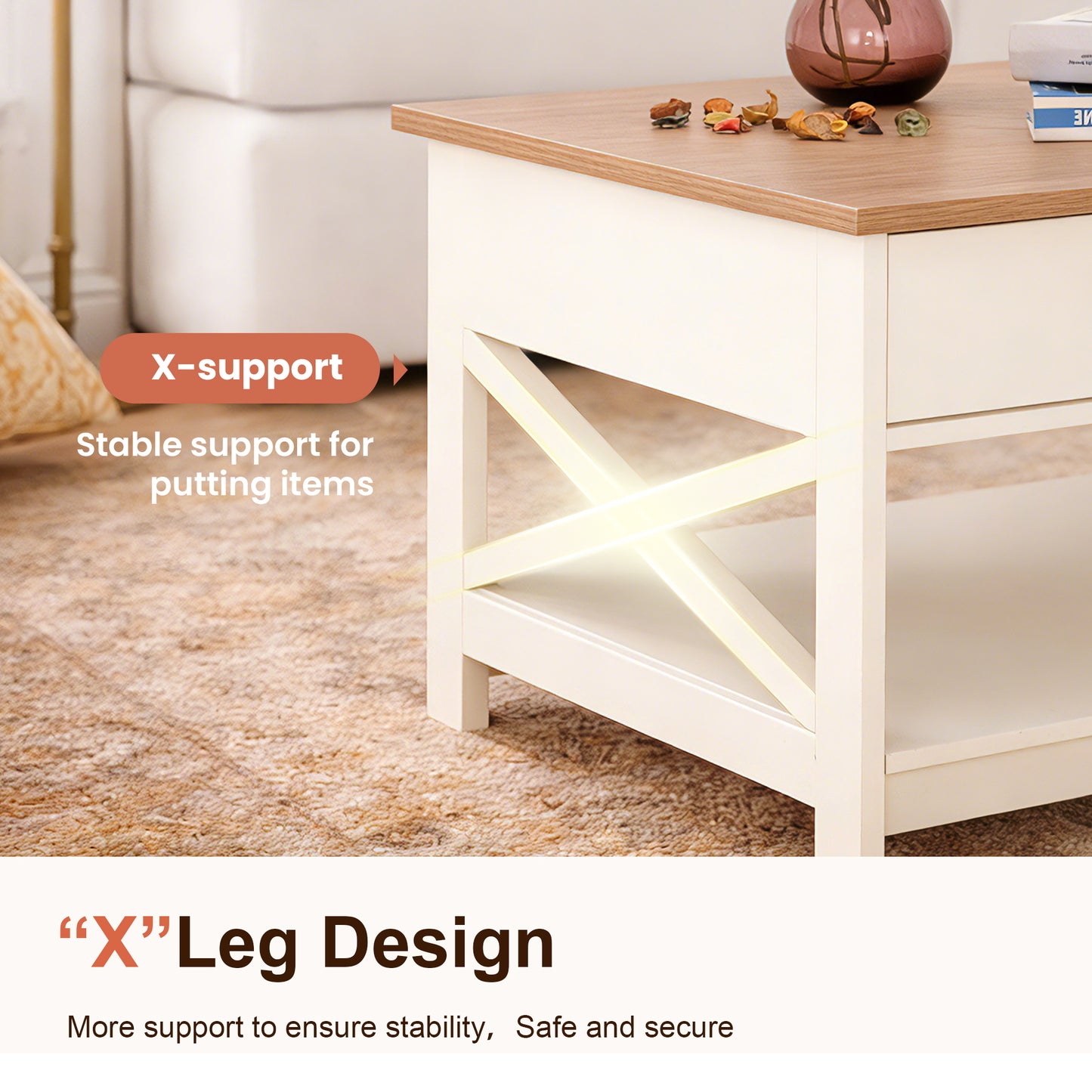 Captiva Designs Farmhouse Coffee Table with Storage Shelf for Living Room, 2-Tier Wooden Center Table with X-Shape Design, Ivory