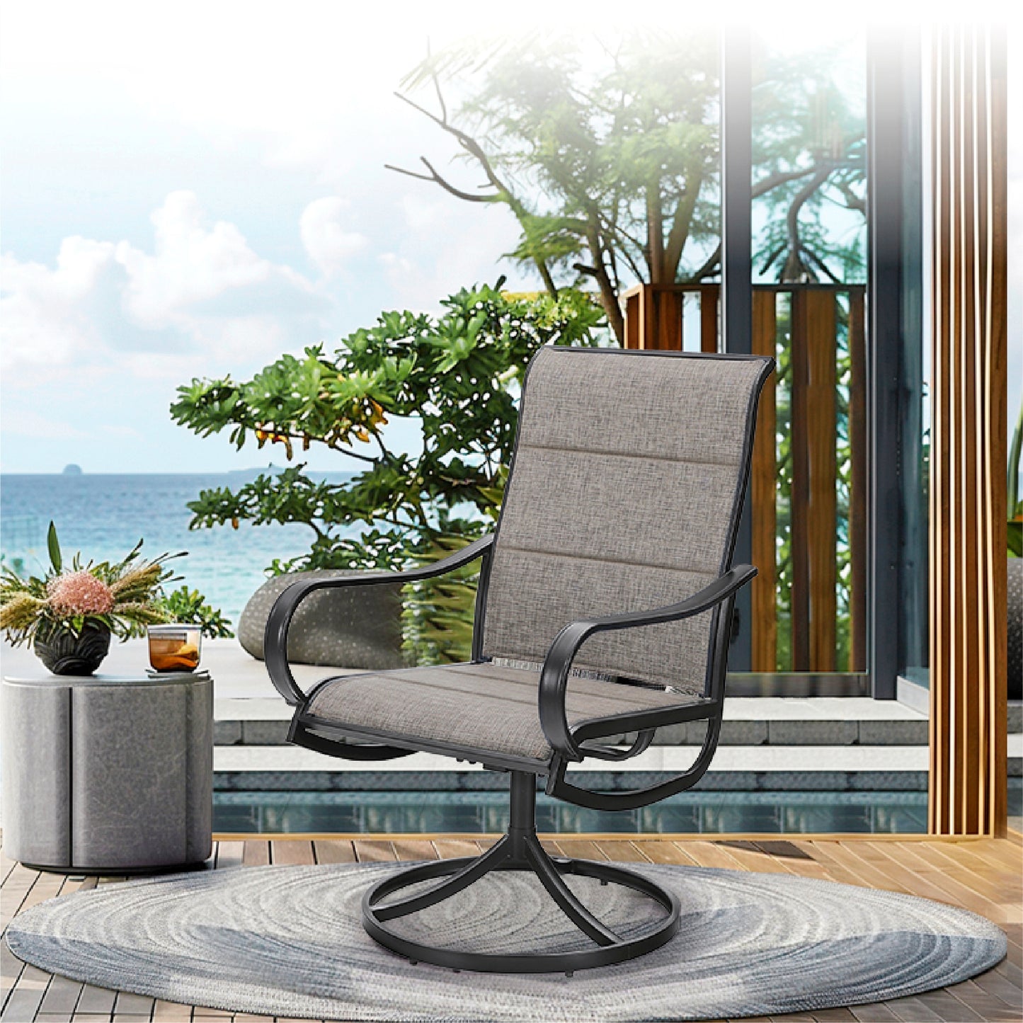 Captiva Designs 5pc Outdoor Wood-look Square Dining Steel Table & Swivel Sling Metal Chairs