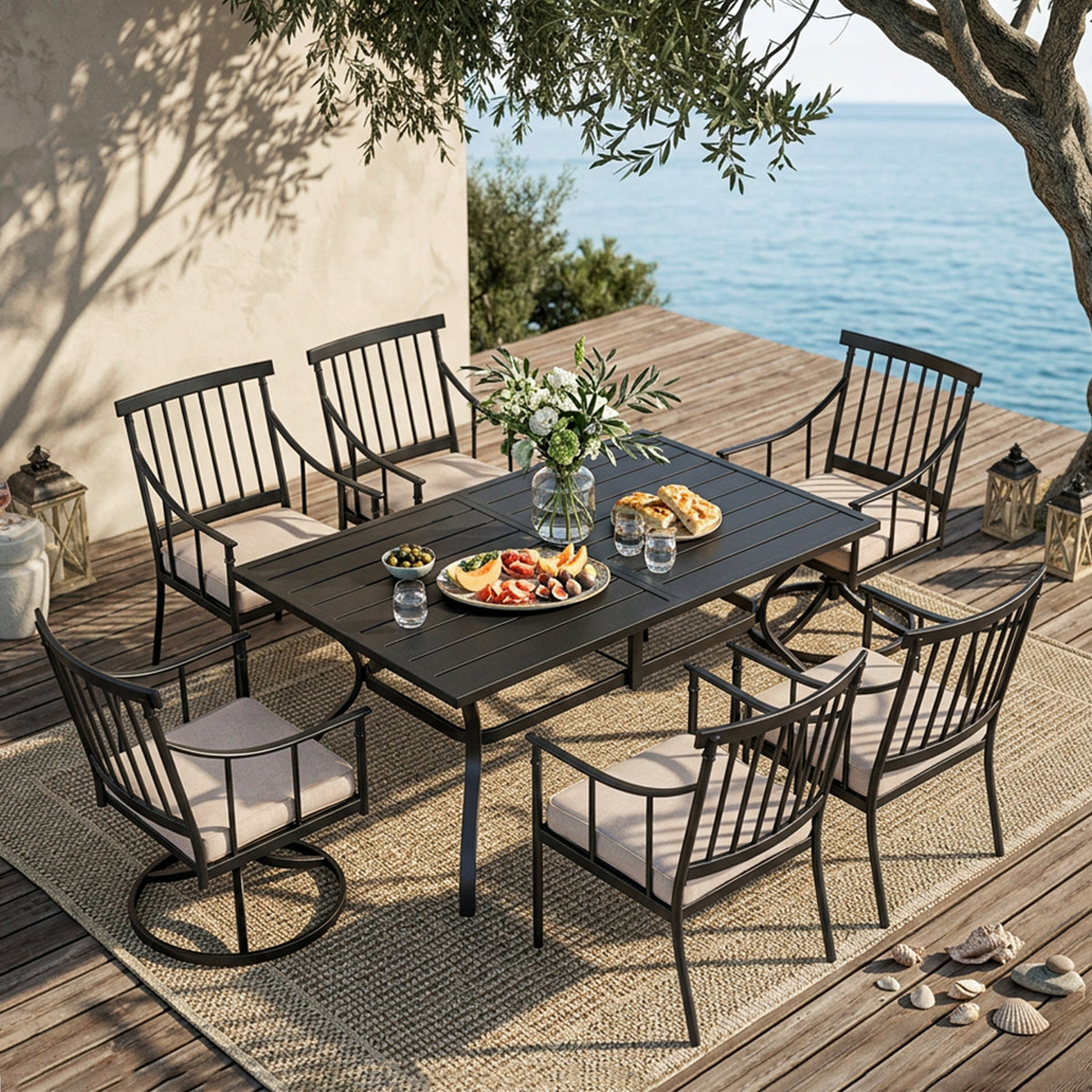 Captiva Designs 7pc Patio Dining Set with Rectangle Steel Table & Stylish Arm Chairs with Cushions