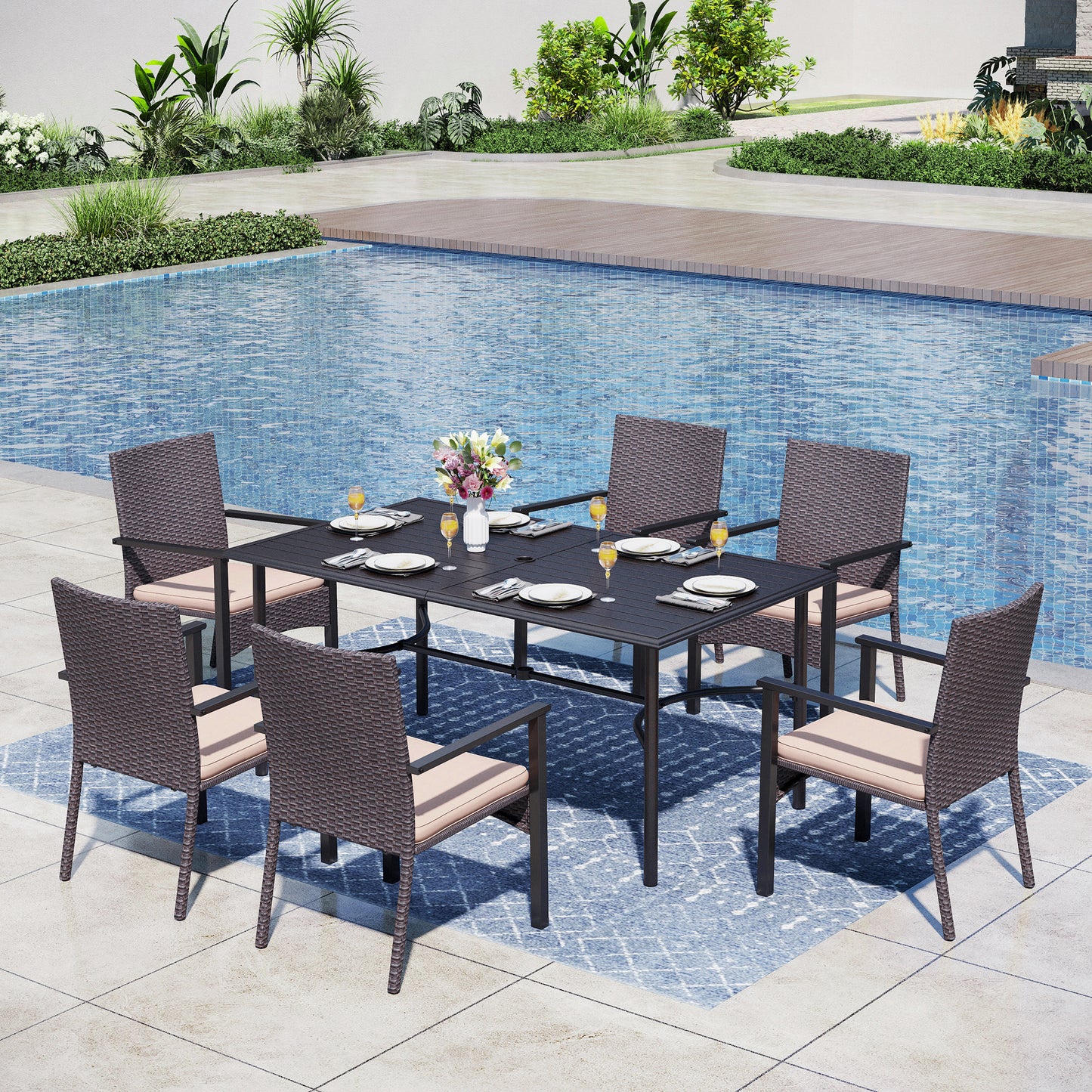 Captiva Designs 7pc Patio Slatted Top Steel Dining Table with Umbrella Hole & Cushioned Armrest Rattan Chairs