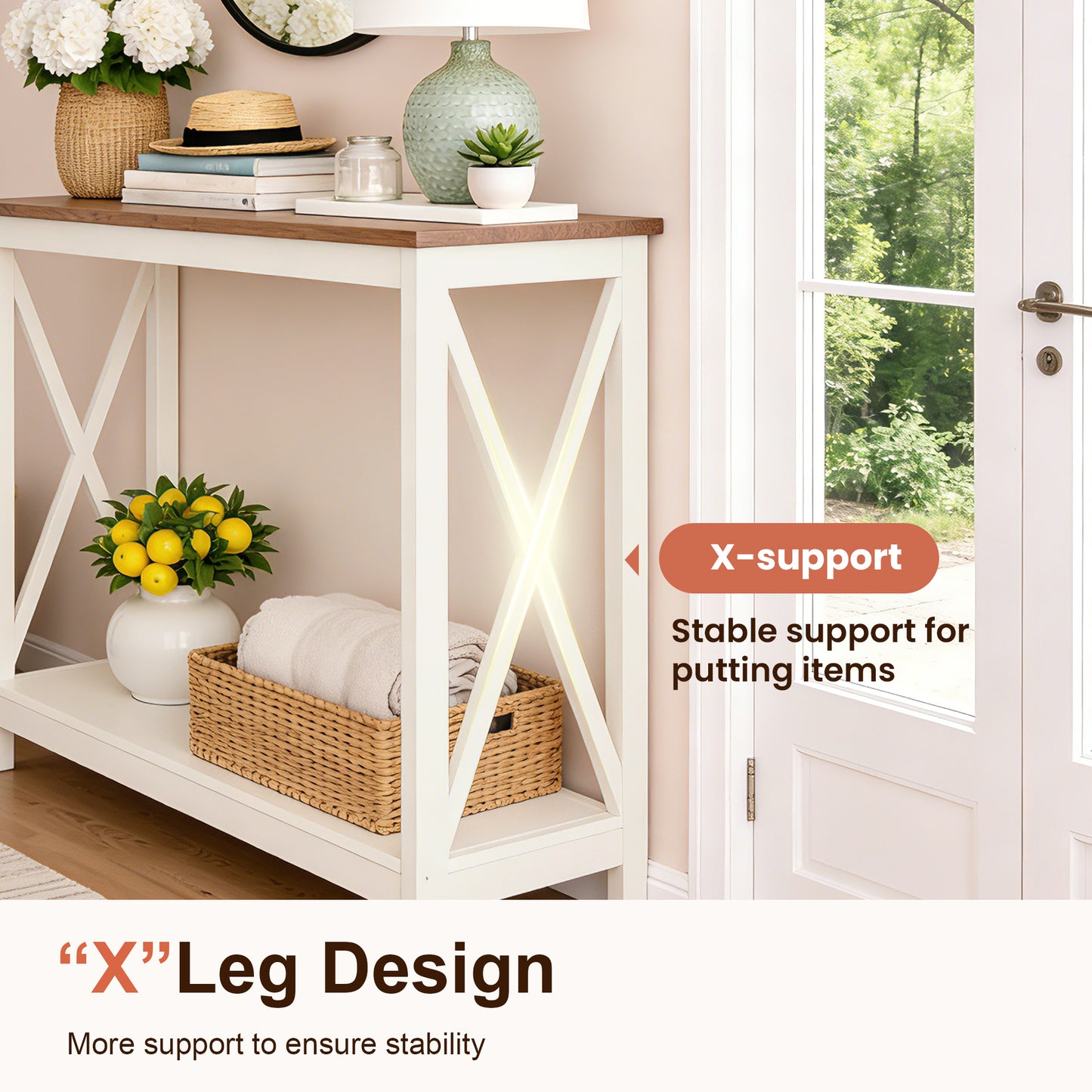 Captiva Designs Farmhouse Console Table with Shelf or Drawers, Narrow 2-Tier Entryway or Hallway Table, Ivory Finish
