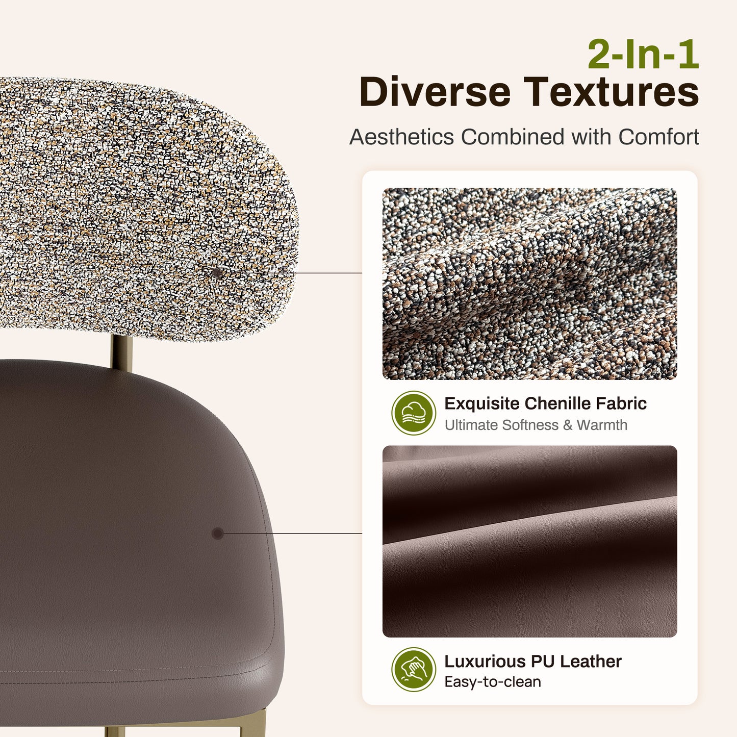 Captiva Designs 24.8 inch Counter Height Bar Stool with Large Chenille Back & PU Leather Seat & Footrest & Adjustable Foot Pad & Sturdy Steel Frame