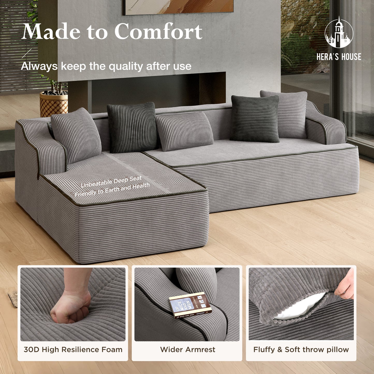 HERA'S HOUSE 105" L Shaped Sectional with Chaise, Living Room Cloud Couch, Corduroy Modular Sofa with Wide Armrest and 5 Pillows, No Assembly, Grey