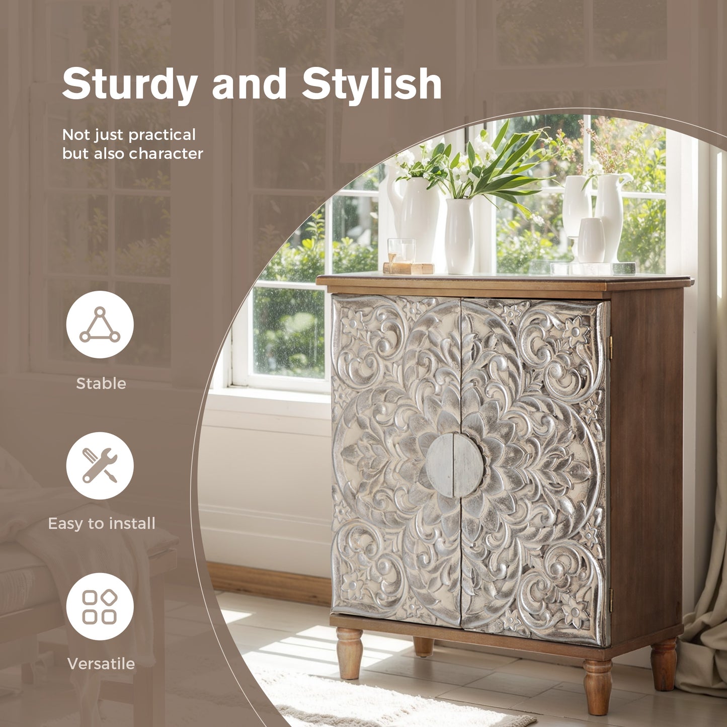 Captiva Designs Antique Silver Carved Floral Buffet Cabinet with Doors for Living Room, Entryway