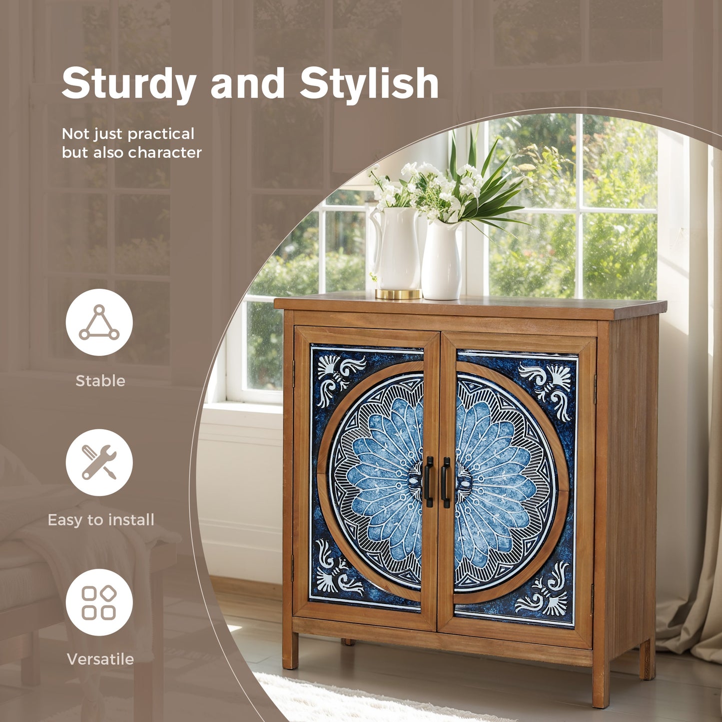 Captiva Designs 2-Door Accent Distressed Storage Cabinet with Blue and White Porcelain Pattern for Entryway Living Room