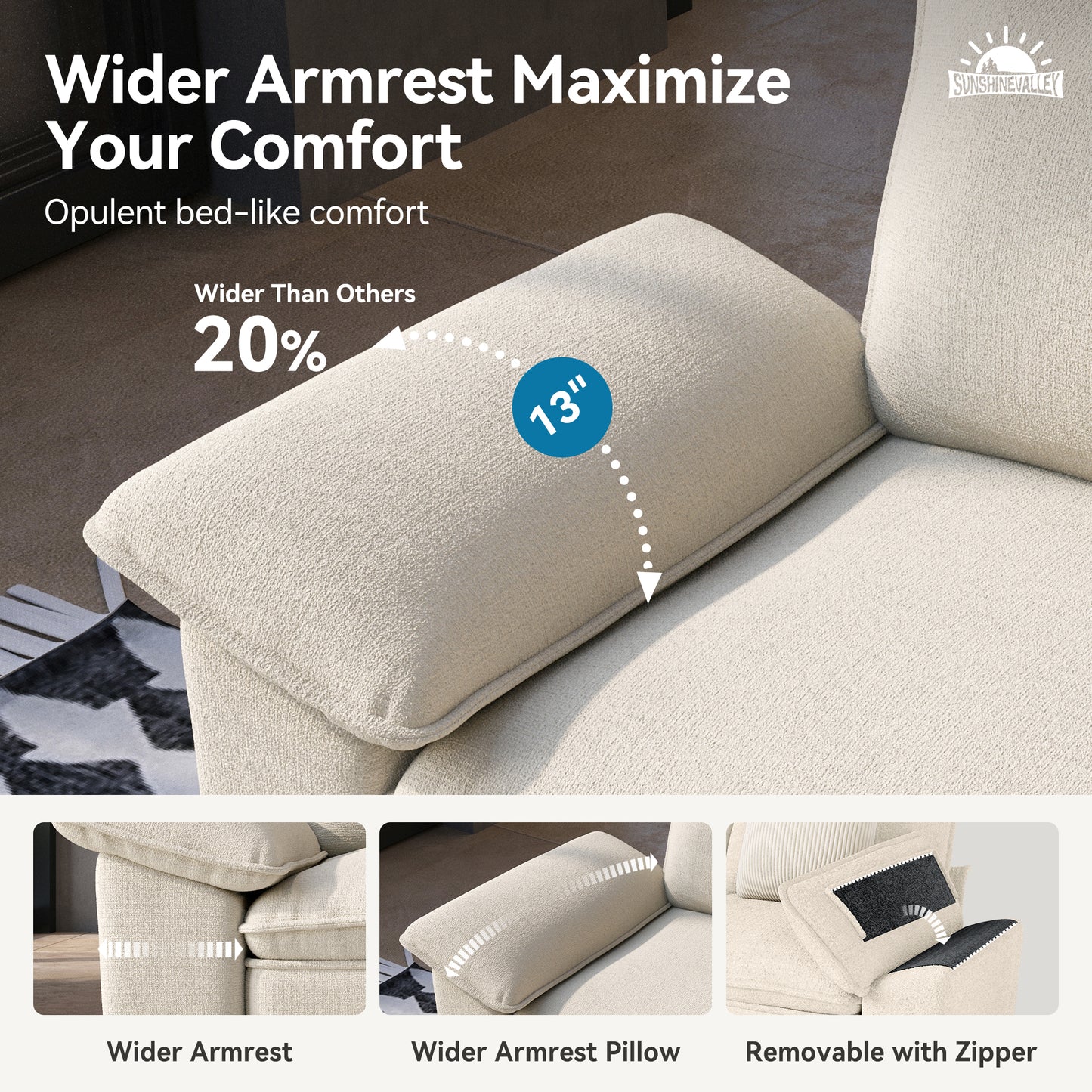 SUNSHINE VALLEY 3-Piece Modular Sectional Couch Set with Armchair Loveseat, Modern 6-Seater Cloud Sofa Set, White, Wider Armrest, Comfy Deep Seat, Soft Chenille Furniture Set for Living Room Bedroom