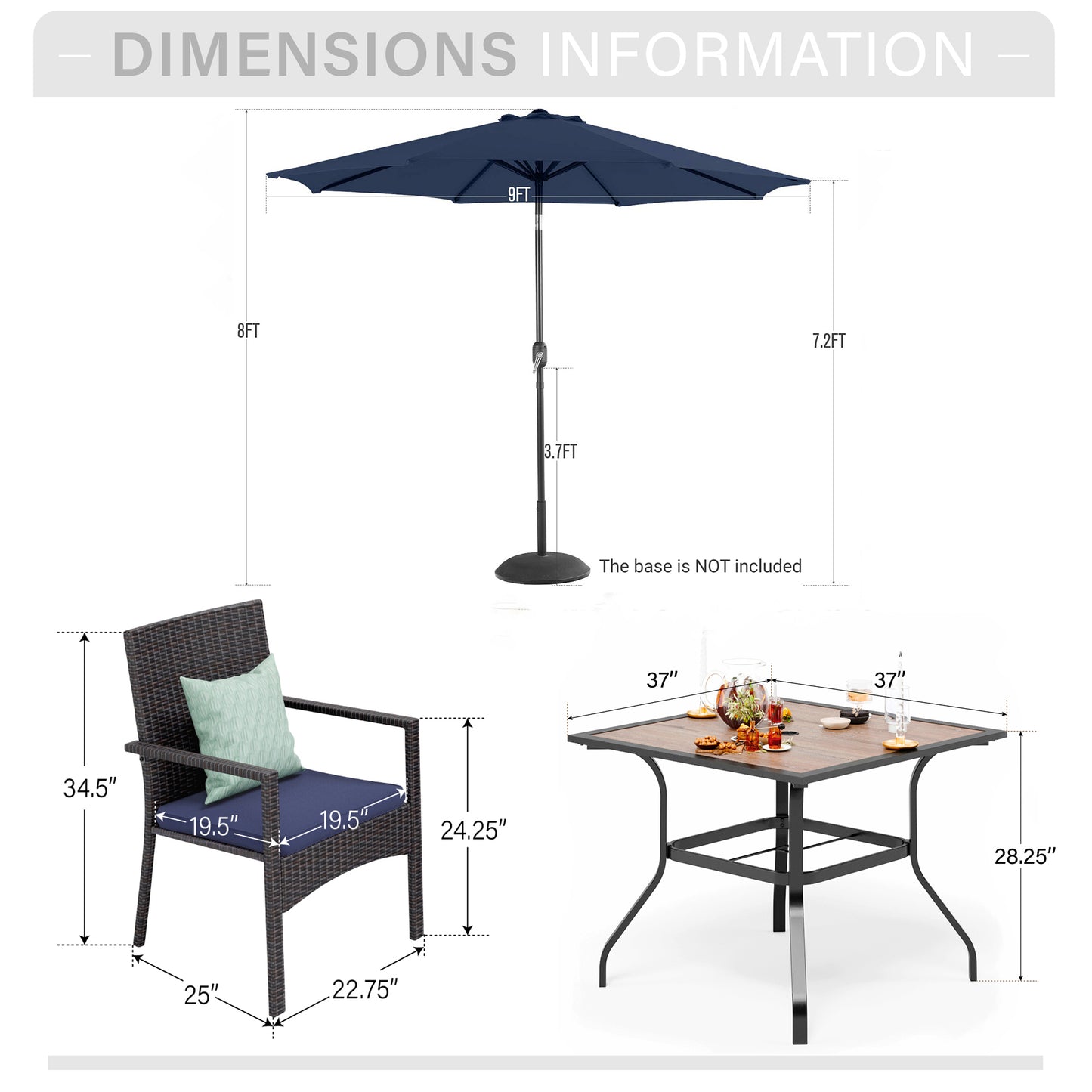 Captiva Designs 6pc Patio Steel Dining Table with Umbrella Hole & Blue Rattan Chairs & Market Umbrella