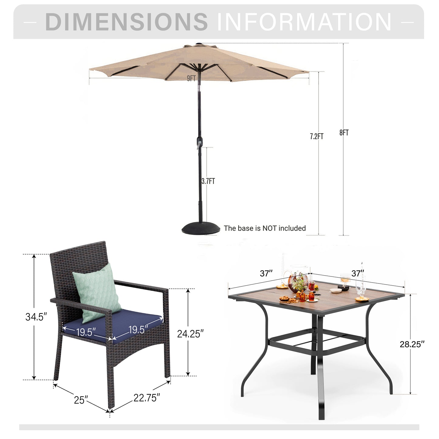 Captiva Designs 6pc Patio Steel Dining Table with Umbrella Hole & Blue Rattan Chairs & Market Umbrella