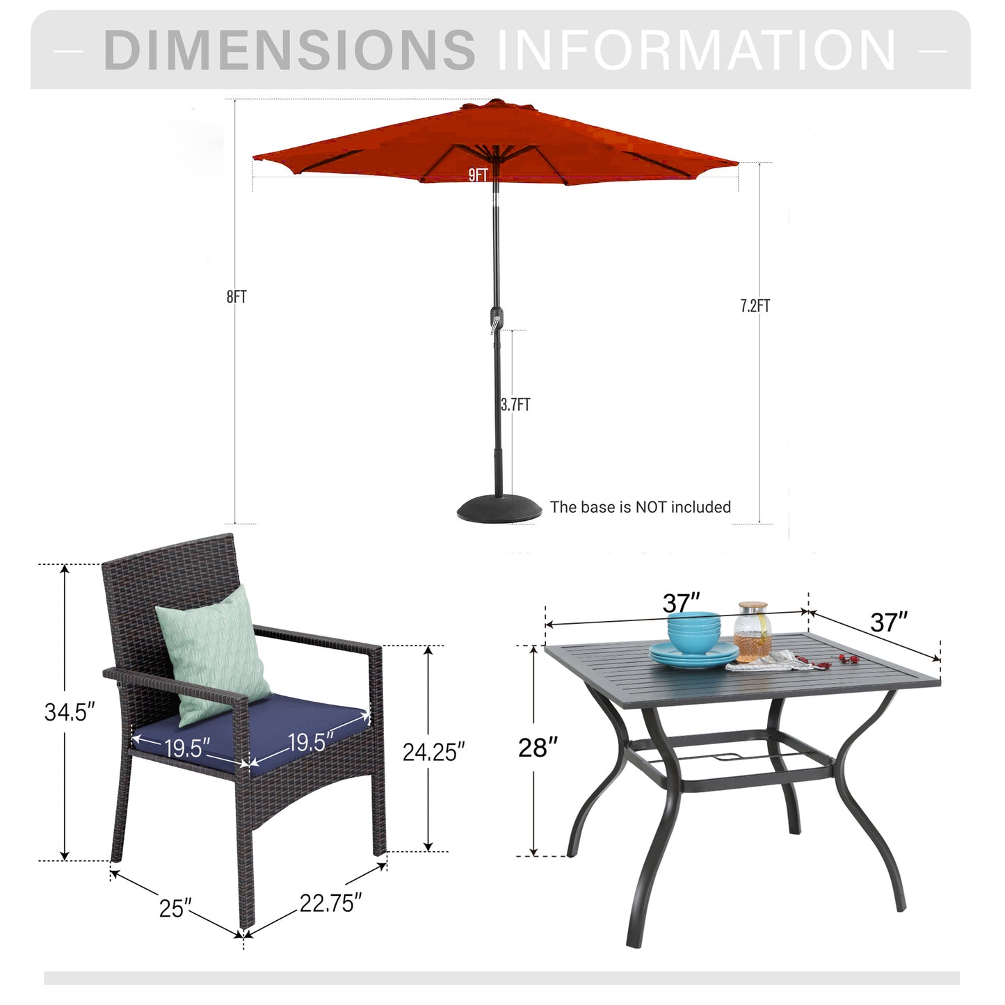Captiva Designs 6pc Patio Steel Dining Table with Umbrella Hole & Blue Rattan Chairs & Market Umbrella