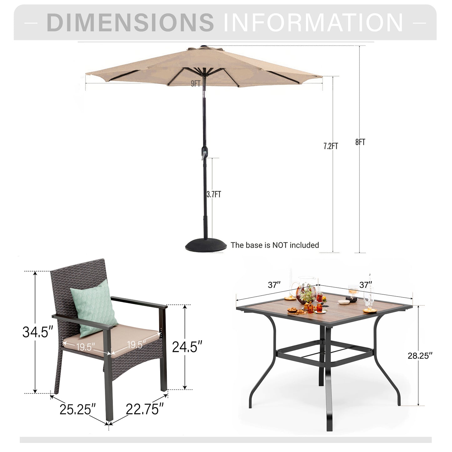 Captiva Designs 6pc Patio Steel Dining Table & Brown Rattan Chairs with Beige Cushion & Market Umbrella