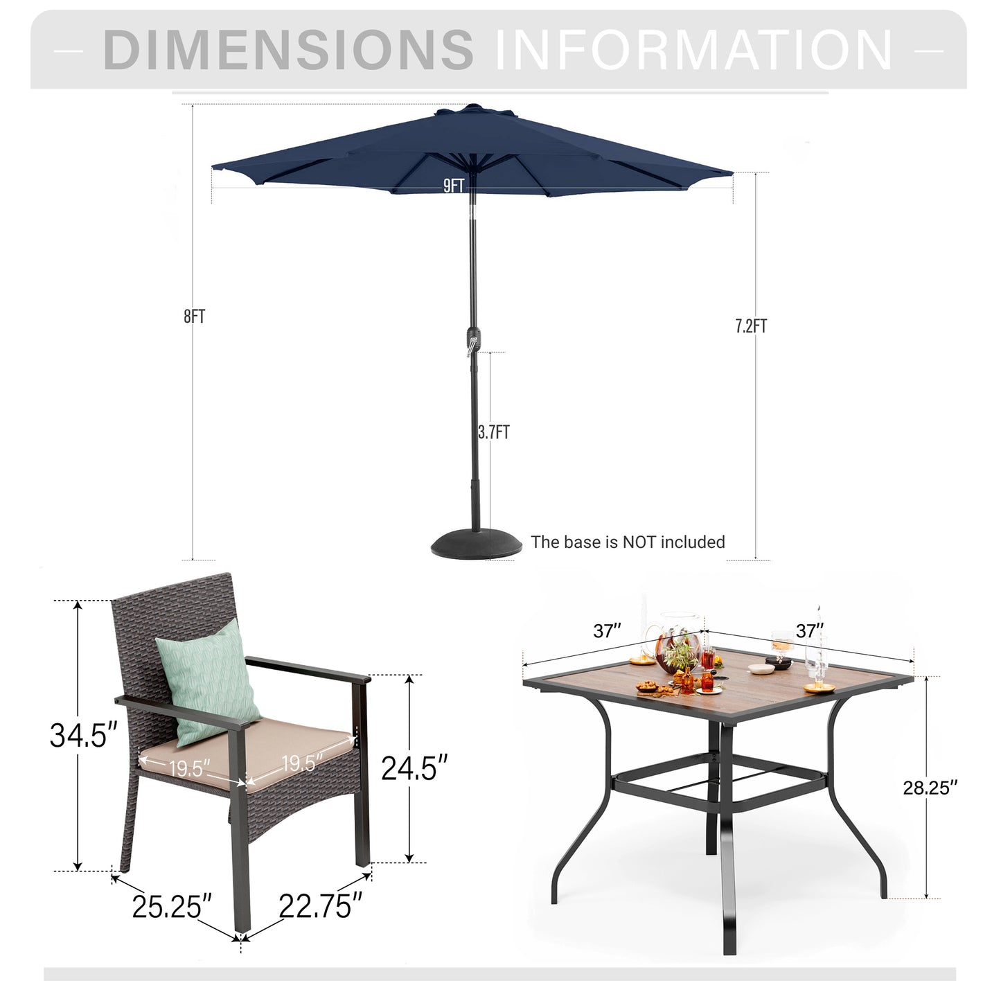 Captiva Designs 6pc Patio Steel Dining Table & Brown Rattan Chairs with Beige Cushion & Market Umbrella