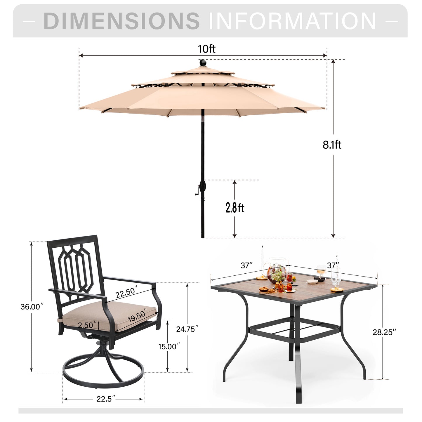 Captiva Designs 6pc Patio Square Table & Fusiform Back Metal Chairs & Beige Umbrella