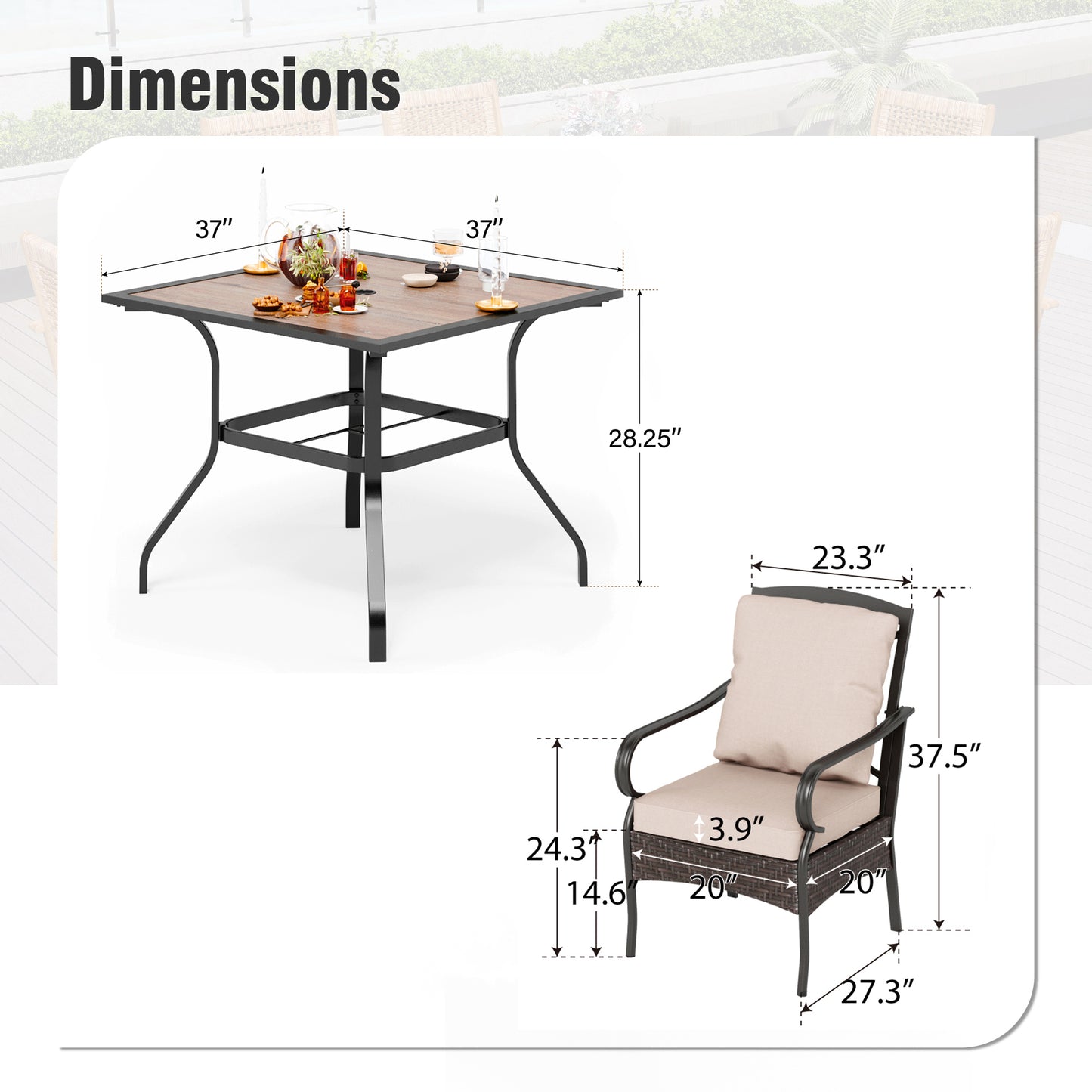 Captiva Designs 5pc Outdoor Patio Metal Dining Table & Rattan Chairs with Removable Cushions