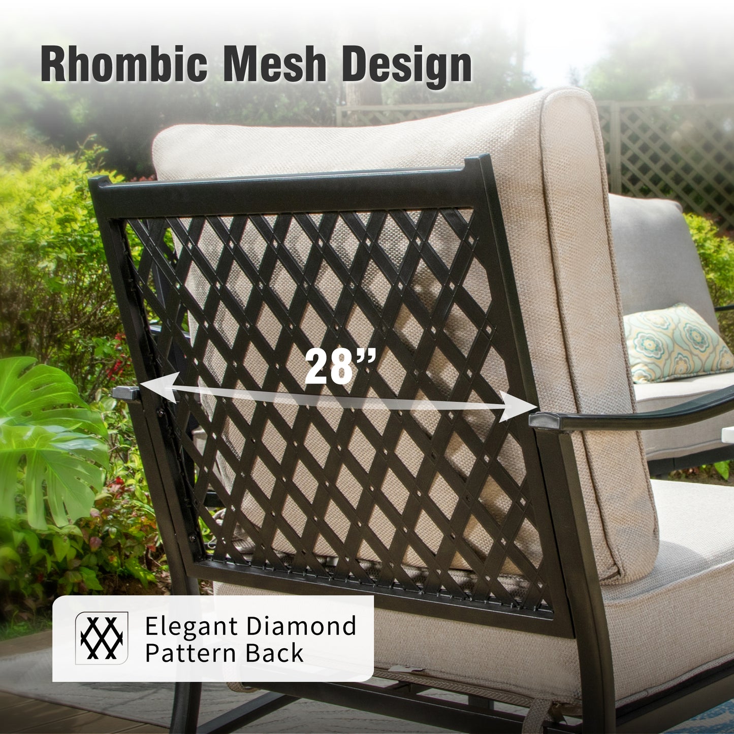 Captiva Designs 6pc Metal Patio Outdoor Conversation Fire Pit Set with Rocking Grid-back Armchairs and Ottomans for Garden, Poolside, Backyard