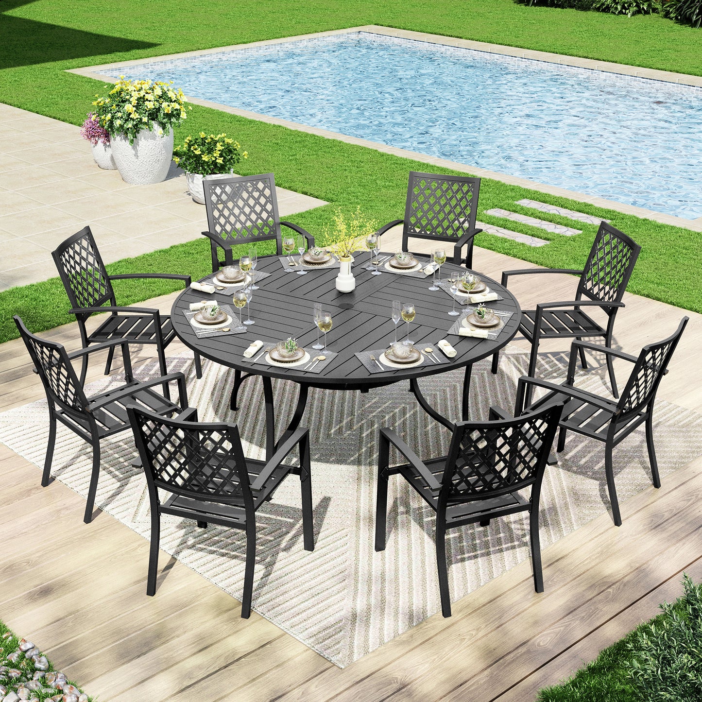 Captiva Designs 9Pc Outdoor Furniture Set with Patio Round Dining Table with Umbrella Hole & Armrest Chairs