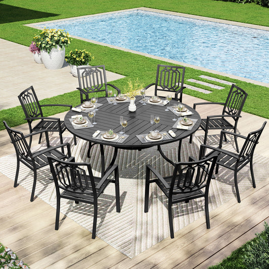 Captiva Designs 9Pc Outdoor Furniture Set with Patio Round Dining Table with Umbrella Hole & Armrest Chairs
