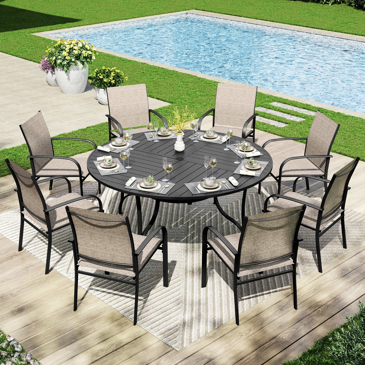 Captiva Designs 9Pc Outdoor Furniture Set with Patio Round Dining Table with Umbrella Hole & Armrest Chairs
