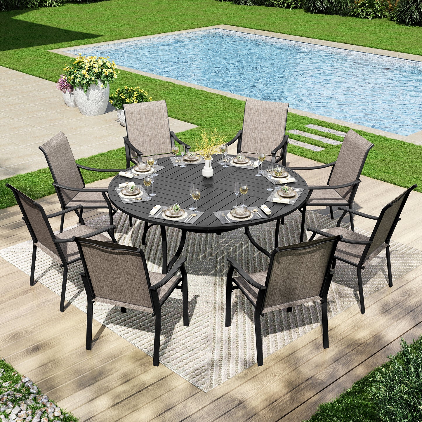 Captiva Designs 9Pc Outdoor Furniture Set with Patio Round Dining Table with Umbrella Hole & Armrest Chairs