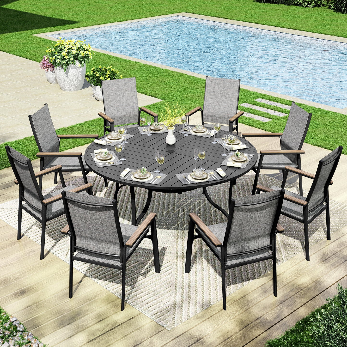 Captiva Designs 9Pc Outdoor Furniture Set with Patio Round Dining Table with Umbrella Hole & Armrest Chairs