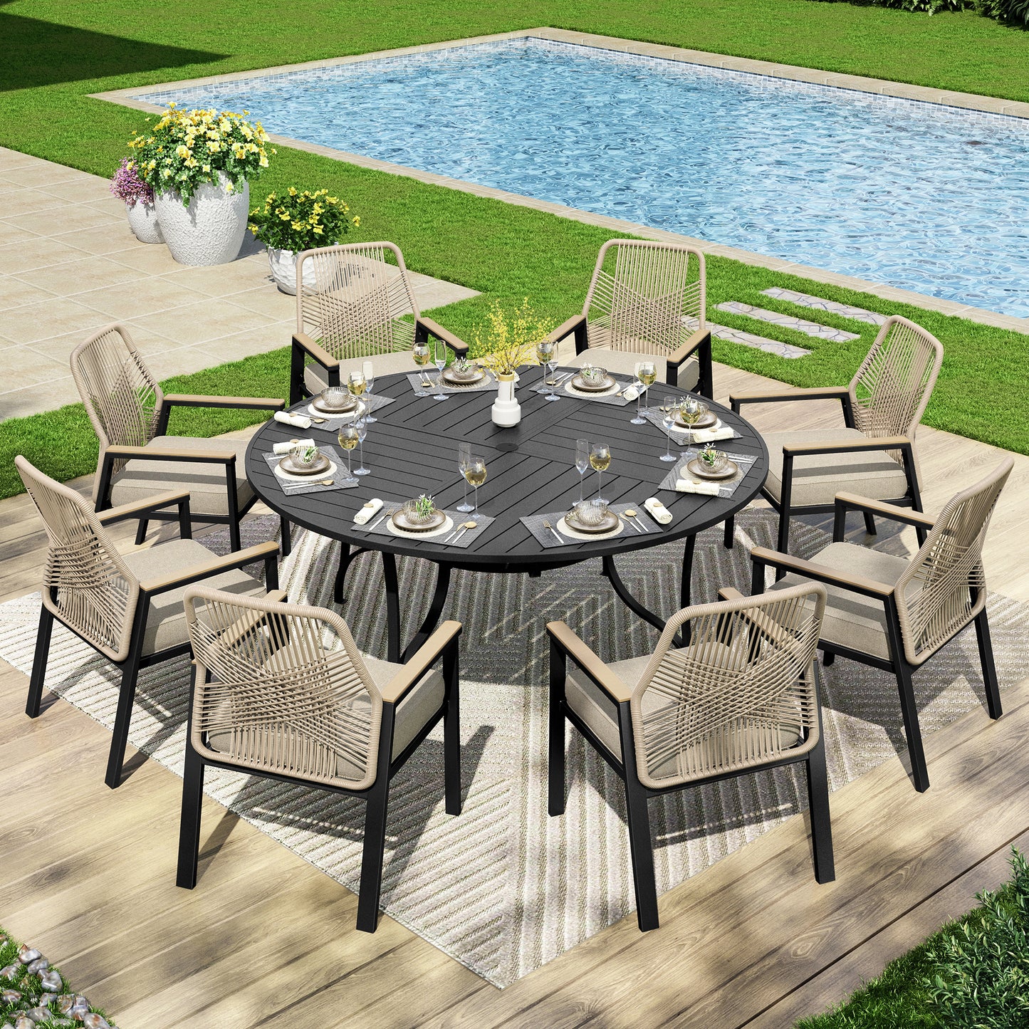 Captiva Designs 9Pc Outdoor Furniture Set with Patio Round Dining Table with Umbrella Hole & Armrest Chairs