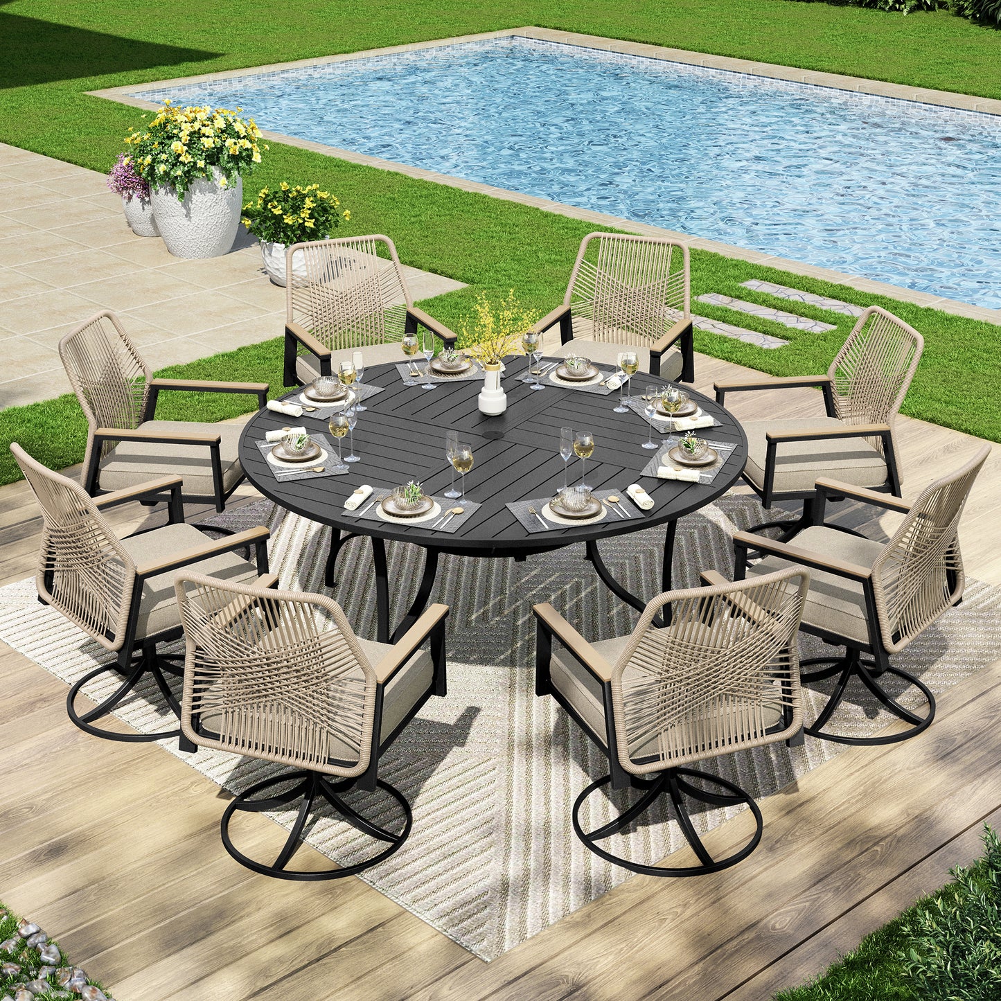 Captiva Designs 9Pc Outdoor Furniture Set with Patio Round Dining Table with Umbrella Hole & Armrest Chairs