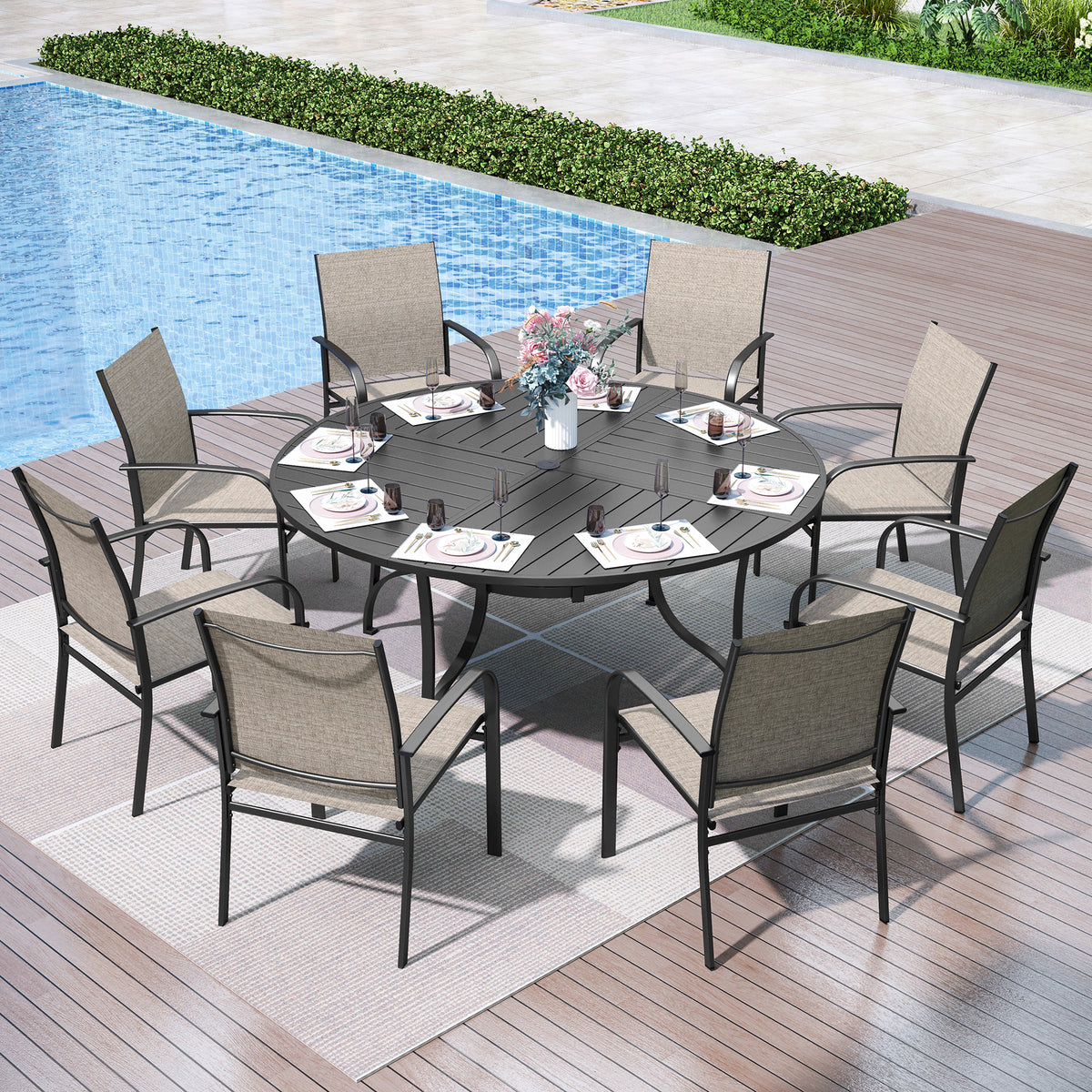 Captiva Designs 9Pc Outdoor Furniture Set with Patio Round Dining Table with Umbrella Hole & Armrest Chairs