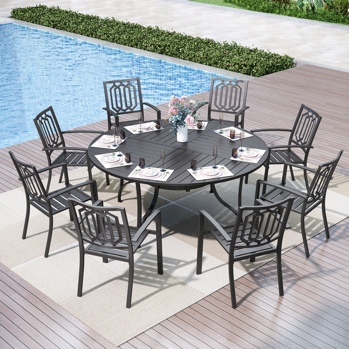 Captiva Designs 9Pc Outdoor Furniture Set with Patio Round Dining Table with Umbrella Hole & Armrest Chairs