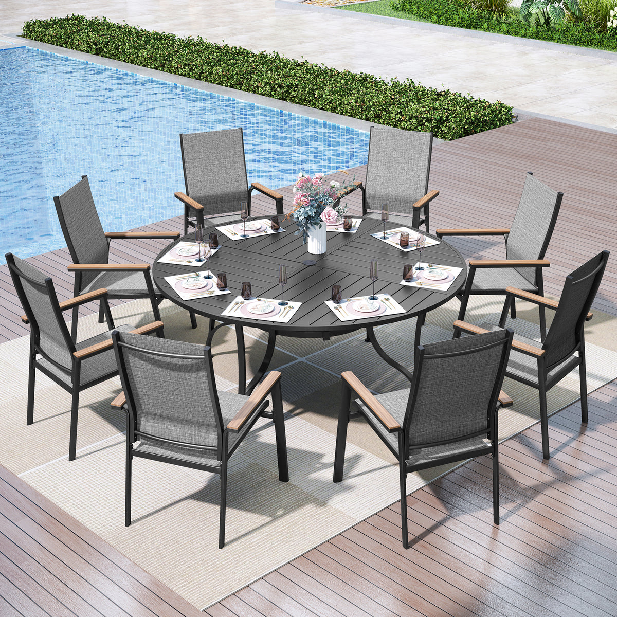 Captiva Designs 9Pc Outdoor Furniture Set with Patio Round Dining Table with Umbrella Hole & Armrest Chairs