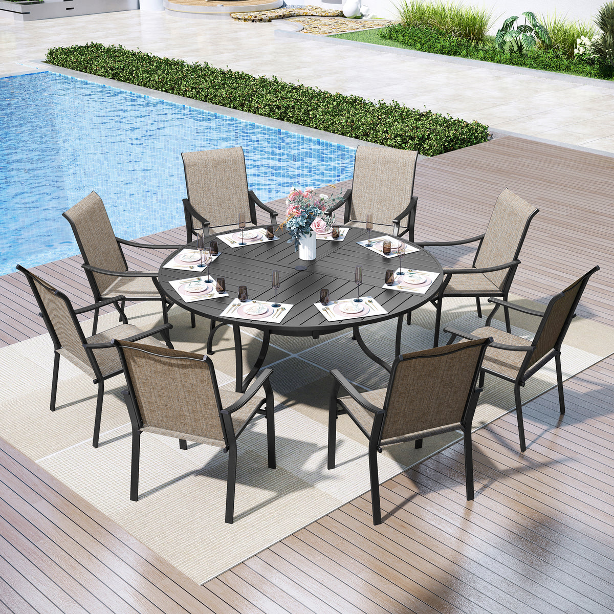 Captiva Designs 9Pc Outdoor Furniture Set with Patio Round Dining Table with Umbrella Hole & Armrest Chairs