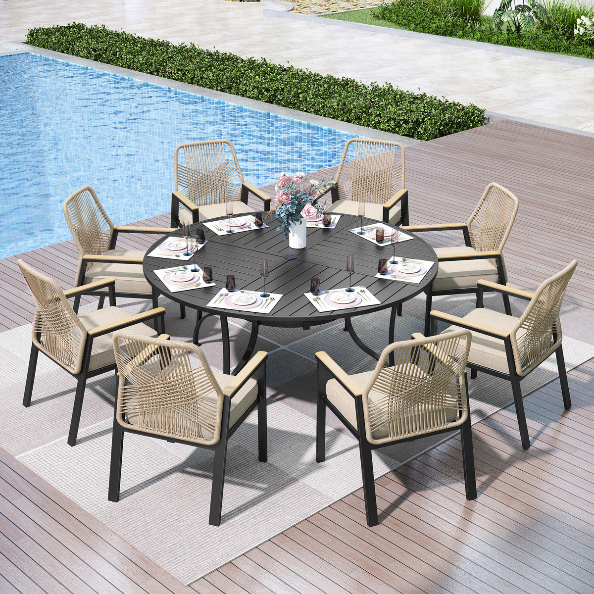 Captiva Designs 9Pc Outdoor Furniture Set with Patio Round Dining Table with Umbrella Hole & Armrest Chairs