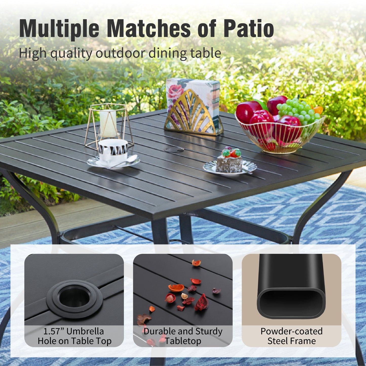 Captiva Designs 5pc Outdoor Slat-top Steel Dining Table & Grayish Bown Padded Sling Chairs