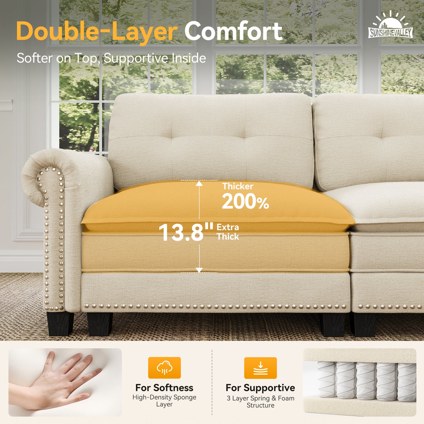 SUNSHINE VALLEY 116" Oversized Modular Sectional Couch U-Shaped Living Room Mid-Century Modern 5-Seater Cloud Sofa, White, Rolled Arms & Nailhead Trim, Wider & Deeper Seats, Ottoman, Chenille