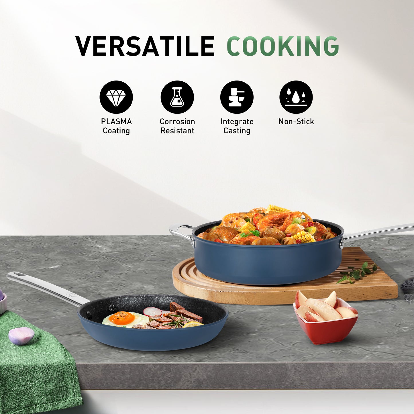 Captiva Designs Plasma Titanium Coating Nonstick Pots and Pans Cookware Set, Blue