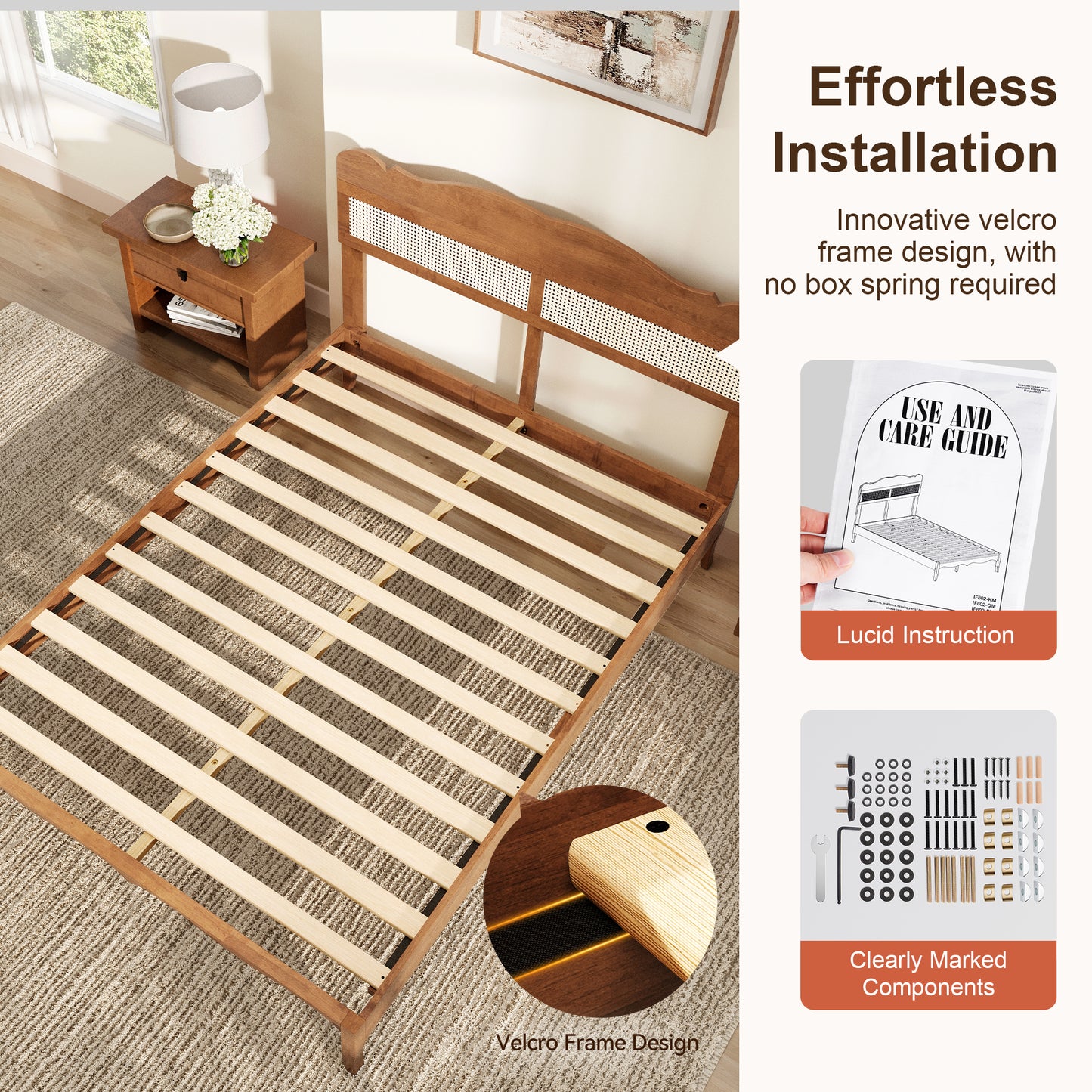 Captiva Designs Wood Platform Bed Frame with Height Adjustable Woven Rattan Headboard and Reinforced Slats Support, No Box Spring Needed