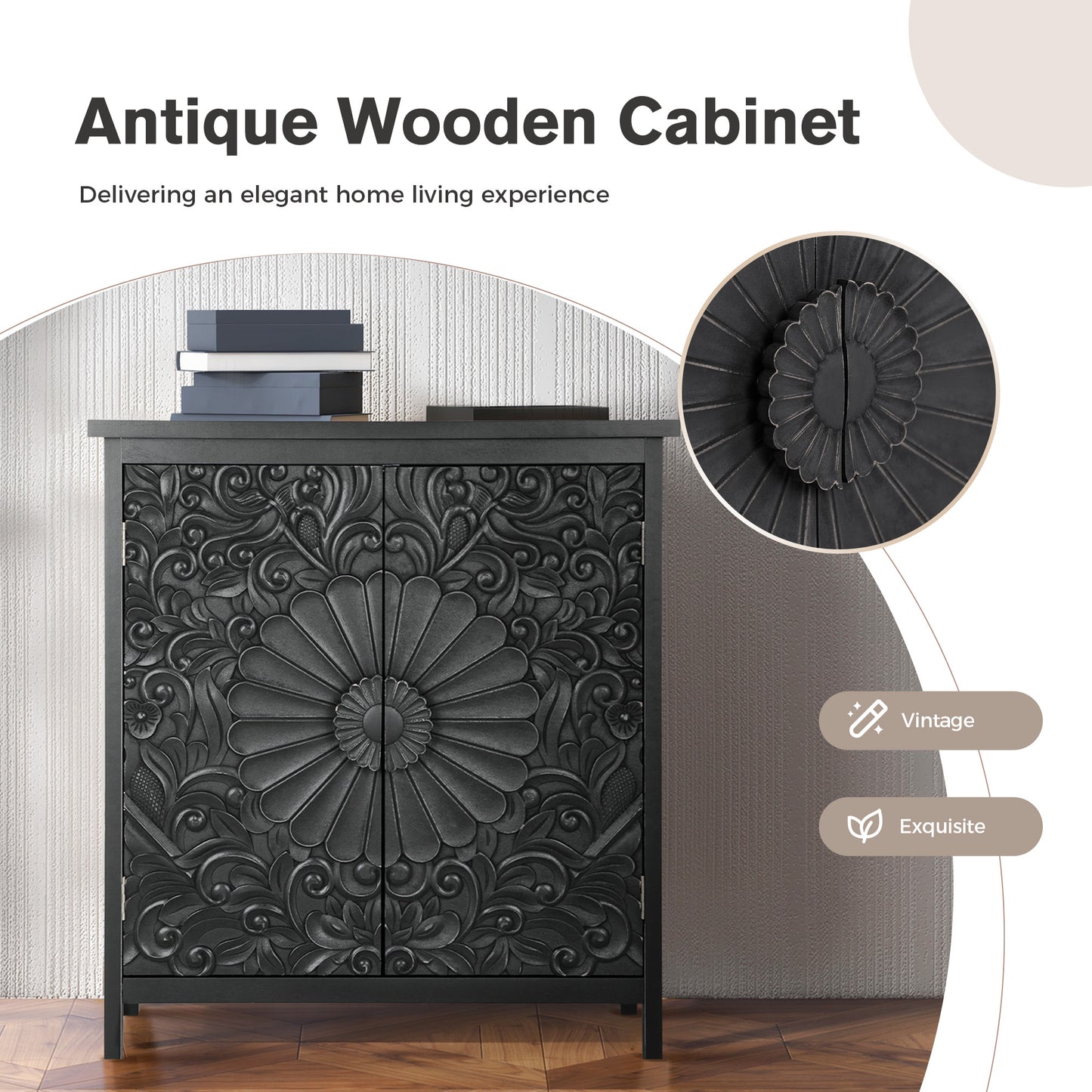 Captiva Designs Accent Farmhouse Carved Floral Buffet Cabinet with Doors for Living Room