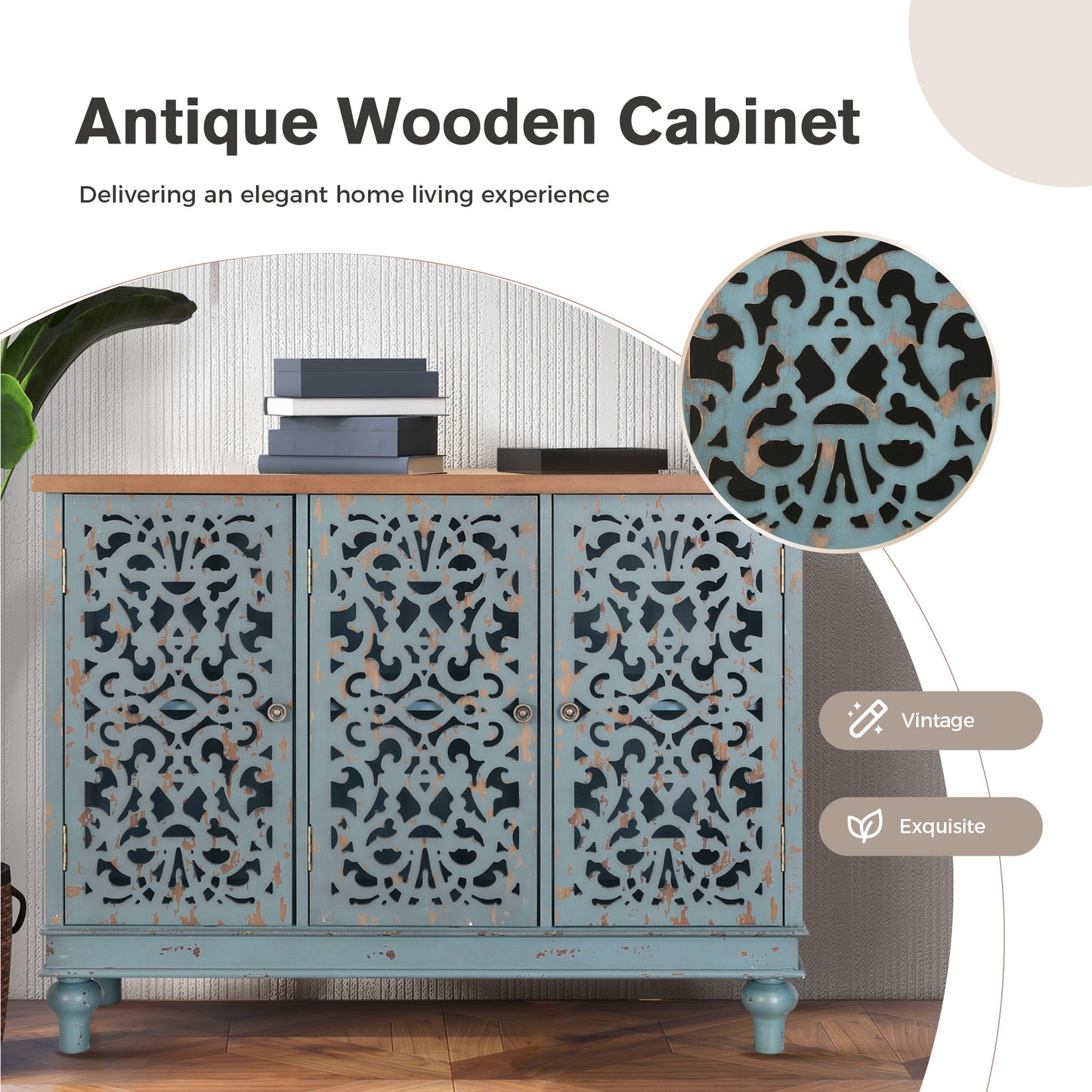 Captiva Designs Distressed Hollow-carved Accent Storage Sideboard Buffet Cabinet with Solid Wood Legs for Living Room Entryway Foyer