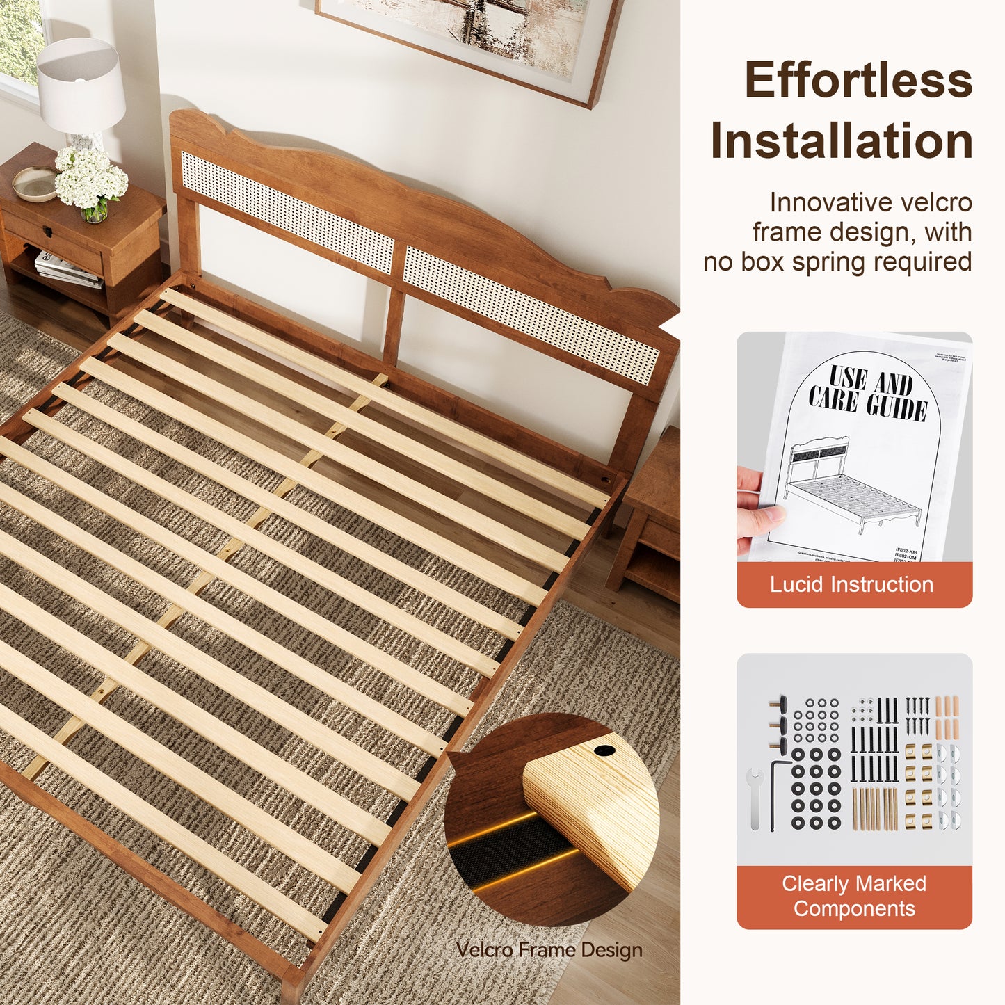 Captiva Designs Wood Platform Bed Frame with Height Adjustable Woven Rattan Headboard and Reinforced Slats Support, No Box Spring Needed