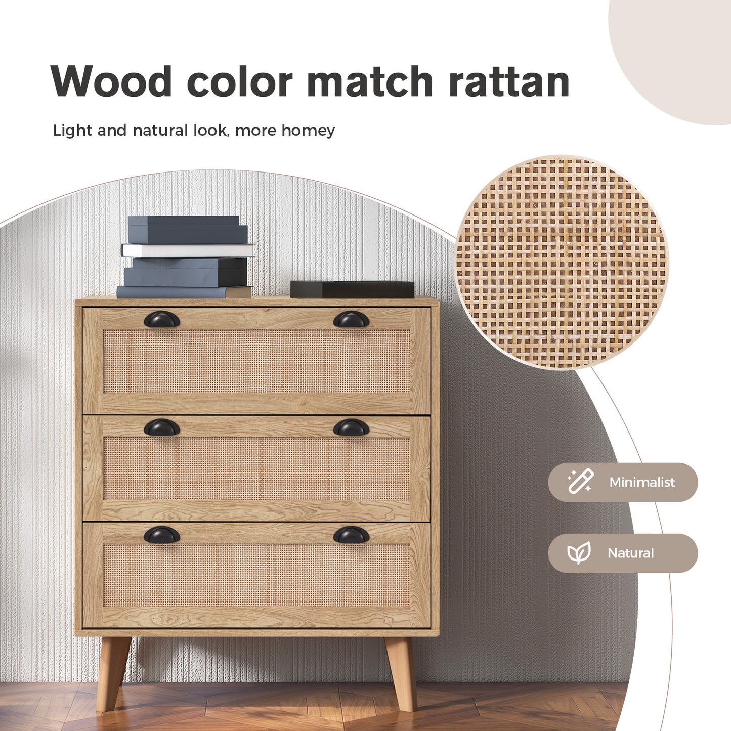 Captiva Designs Boho Rattan Nightstand Dresser Cabinet with Natural Rattan Drawer for Entryway, Living Room, Closet