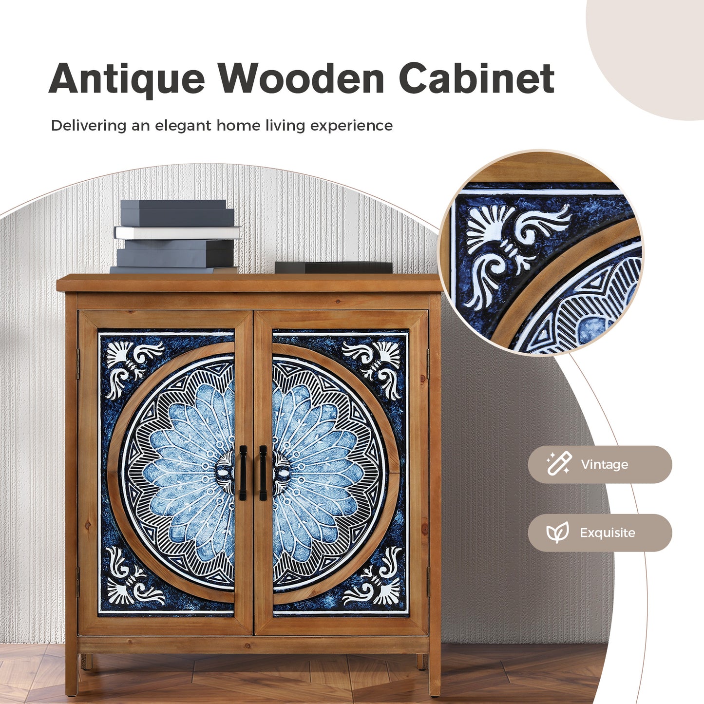 Captiva Designs 2-Door Accent Distressed Storage Cabinet with Blue and White Porcelain Pattern for Entryway Living Room