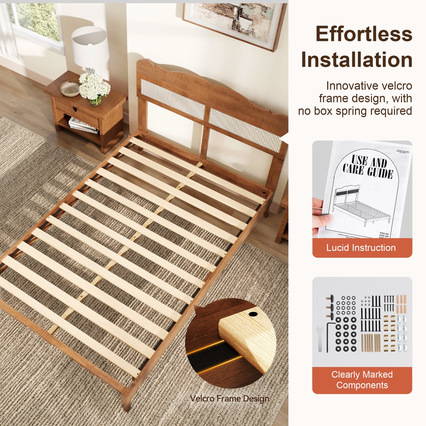 Captiva Designs Wood Platform Bed Frame with Height Adjustable Woven Rattan Headboard and Reinforced Slats Support, No Box Spring Needed